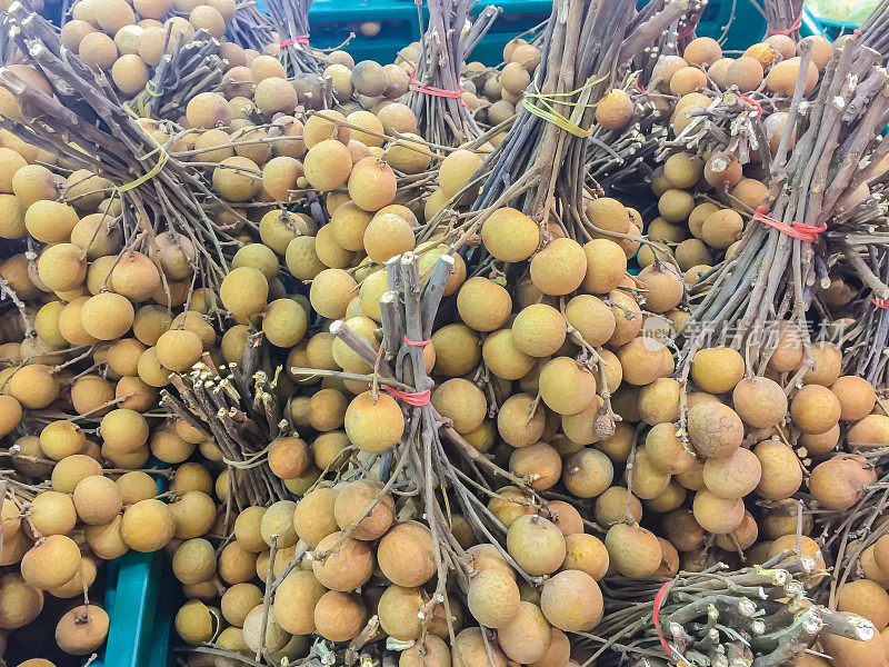 超市出售的一串有机龙眼。龙眼(Dimocarpus Longan)是一种热带多汁水果，有一个棕色的外壳和甜的白色果肉，周围有一个圆形的，有光泽的黑色种子。